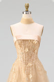 Blush Corset A Line Strapless 3D Flowers Long Tulle Prom Dress with a Neck Scarf