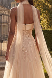 Strapless Blush Corset A Line 3D Flowers Long Tulle Prom Dress with a Neck Scarf