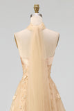 Blush Corset A Line Strapless 3D Flowers Long Tulle Prom Dress with a Neck Scarf
