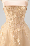 Blush Corset A Line Strapless 3D Flowers Long Tulle Prom Dress with a Neck Scarf