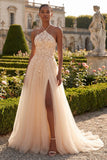 Blush Halter Corset Tulle A Line 3D Flowers Long Prom Dress with Slit