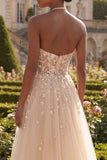 Blush Halter Corset Tulle A Line 3D Flowers Long Prom Dress with Slit