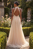 Halter Blush A Line Corset 3D Flowers Tulle Long Prom Dress with Slit