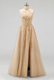 Halter Blush A Line Corset 3D Flowers Tulle Long Prom Dress with Slit