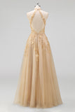 Halter Blush A Line Corset 3D Flowers Tulle Long Prom Dress with Slit