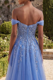 Blue Off The Shoulder Beaded A Line Basque Waist Corset Long Prom Dress with Slit