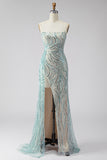 Sparkly Blue Strapless Sheath Sequins Long Prom Dress with Slit