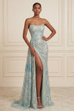 Sparkly Blue Strapless Sheath Sequins Long Prom Dress with Slit