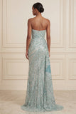 Sparkly Blue Strapless Sheath Sequins Long Prom Dress with Slit