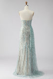 Sparkly Blue Strapless Sheath Sequins Long Prom Dress with Slit