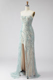 Sparkly Blue Strapless Sheath Sequins Long Prom Dress with Slit