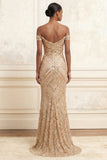 Sparkly Champagne Off the Shoulder Mermaid Sequins Long Prom Dress