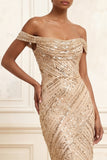 Sparkly Champagne Off the Shoulder Mermaid Sequins Long Prom Dress