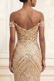 Sparkly Champagne Off the Shoulder Mermaid Sequins Long Prom Dress