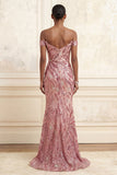 Sparkly Off the Shoulder Pink Mermaid Sequins Long Prom Dress