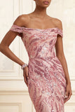 Sparkly Off the Shoulder Pink Mermaid Sequins Long Prom Dress