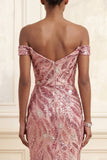 Sparkly Off the Shoulder Pink Mermaid Sequins Long Prom Dress