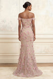 Off the Shoulder Pink Mermaid Floral Long Prom Dress with 3D Flowers