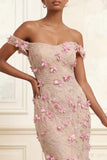 Off the Shoulder Pink Mermaid Floral Long Prom Dress with 3D Flowers