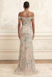 Off the Shoulder Champagne Mermaid Long Prom Dress with Sequins