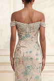Off the Shoulder Champagne Mermaid Long Prom Dress with Sequins