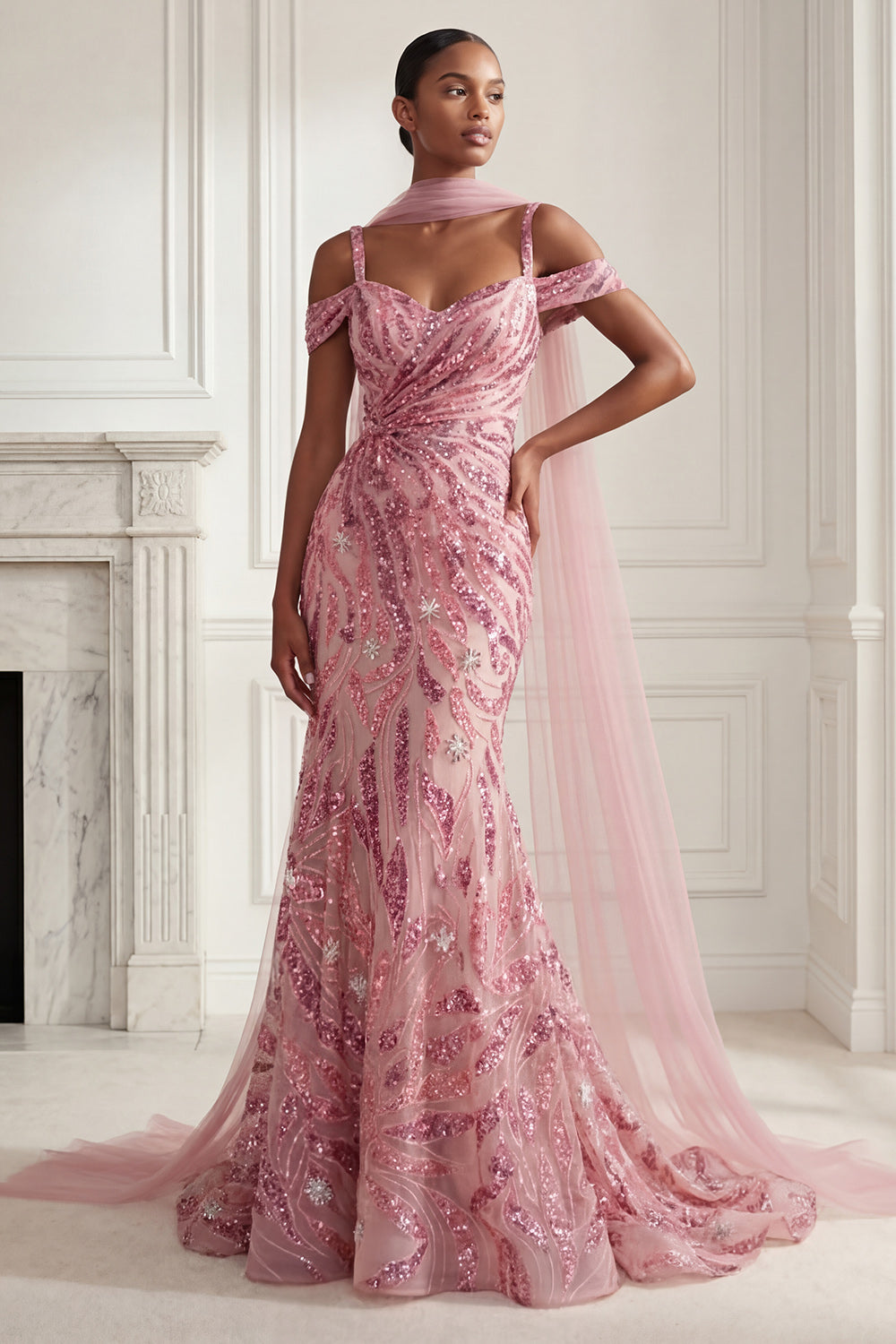 ZAPAKA Women Sparkly Mermaid Prom Dress Tulle Pink Cold Shoulder Sequins Long Evening Dress with Neck Scarf, Pink / US12