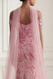 Sparkly Mermaid Tulle Cold Shoulder Pink Sequins Long Prom Dress with Neck Scarf
