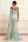 Sparkly Mermaid Blue Off the Shoulder Sequins Long Prom Dress with Side Cape