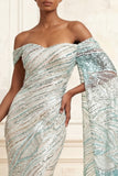 Sparkly Mermaid Blue Off the Shoulder Sequins Long Prom Dress with Side Cape
