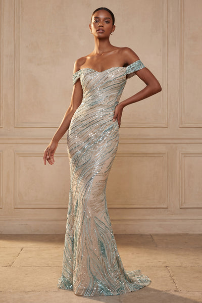 Sparkly Off the Shoulder Mermaid Blue Sequins Long Prom Dress