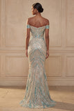 Sparkly Off the Shoulder Mermaid Blue Sequins Long Prom Dress