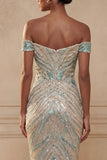 Sparkly Off the Shoulder Mermaid Blue Sequins Long Prom Dress