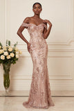 Sparkly Mermaid Blush Off the Shoulder Ruched Long Prom Dress with Sequins