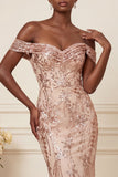 Sparkly Mermaid Blush Off the Shoulder Ruched Long Prom Dress with Sequins