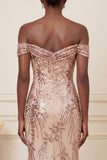 Sparkly Mermaid Blush Off the Shoulder Ruched Long Prom Dress with Sequins