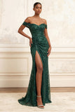 Sparkly Dark Green Mermaid Off the Shoulder Ruched Sequins Long Prom Dress with Slit