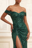 Sparkly Dark Green Mermaid Off the Shoulder Ruched Sequins Long Prom Dress with Slit