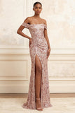 Sparkly Blush Off the Shoulder Mermaid Sequins Ruched Long Prom Dress with Slit