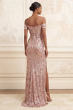 Sparkly Blush Off the Shoulder Mermaid Sequins Ruched Long Prom Dress with Slit