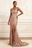 Sparkly Halter Neck Mermaid Blush Sequins Ruched Long Prom Dress with Slit