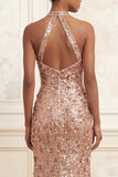 Sparkly Halter Neck Mermaid Blush Sequins Ruched Long Prom Dress with Slit