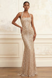 Sparkly Mermaid Champagne Halter Neck Sequins Ruched Long Prom Dress