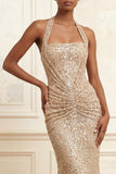 Sparkly Mermaid Champagne Halter Neck Sequins Ruched Long Prom Dress