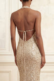 Sparkly Mermaid Champagne Halter Neck Sequins Ruched Long Prom Dress