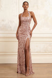 Sparkly Blush Halter Neck Mermaid Ruched Sequins Long Prom Dress with Slit