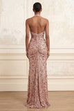 Sparkly Blush Halter Neck Mermaid Ruched Sequins Long Prom Dress with Slit