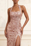 Sparkly Blush Halter Neck Mermaid Ruched Sequins Long Prom Dress with Slit