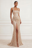 Sparkly Mermaid Champagne Halter Neck Ruched Sequins Long Prom Dress with Slit
