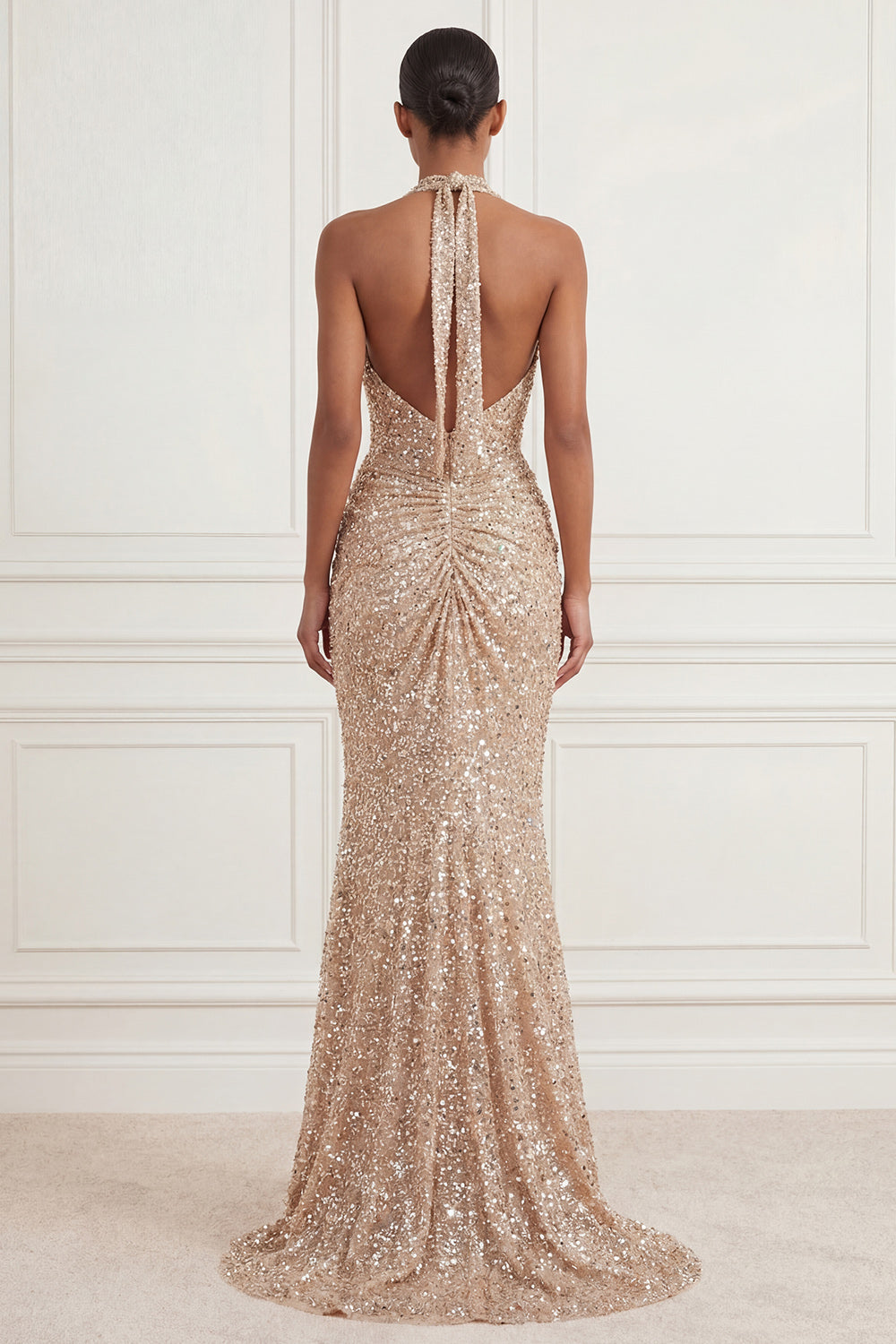 champagne sequin mermaid dress Bling Champagne Sequins High Neck Mermaid Prom Dress with Keyhole