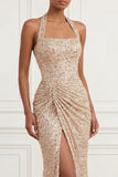 Sparkly Mermaid Champagne Halter Neck Ruched Sequins Long Prom Dress with Slit